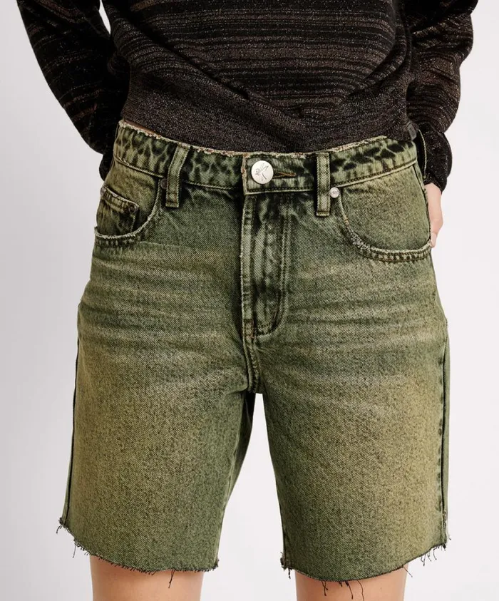 One Teaspoon Denim Shorts Women BLACK KHAKI JACKSON MID WAIST WIDE LEG SHORTS
