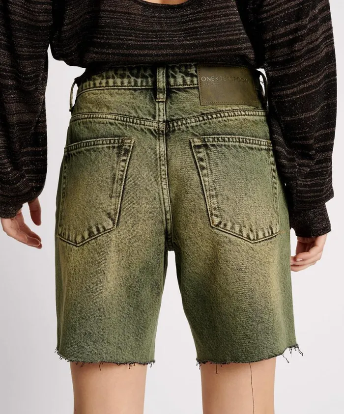 One Teaspoon Denim Shorts Women BLACK KHAKI JACKSON MID WAIST WIDE LEG SHORTS