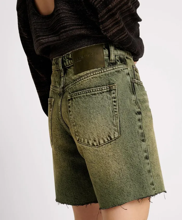 One Teaspoon Denim Shorts Women BLACK KHAKI JACKSON MID WAIST WIDE LEG SHORTS
