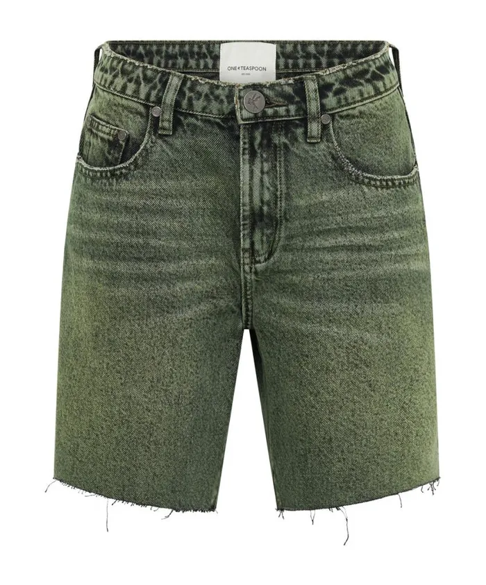One Teaspoon Denim Shorts Women BLACK KHAKI JACKSON MID WAIST WIDE LEG SHORTS