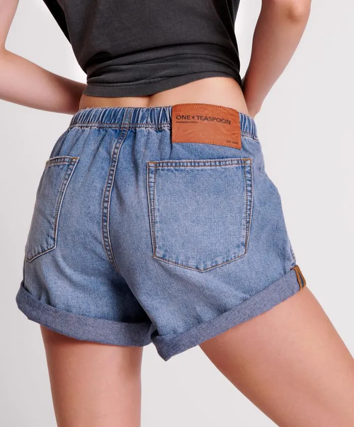 One Teaspoon Denim Shorts Women Blue Lilac Shabby Bandit Drawstring Boyfriend Short