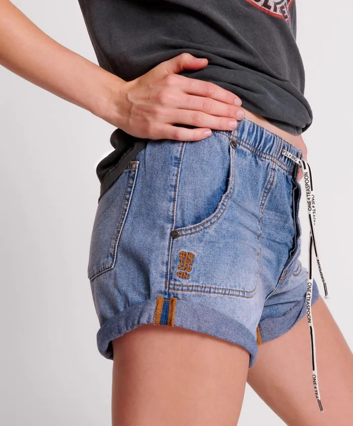 One Teaspoon Denim Shorts Women Blue Lilac Shabby Bandit Drawstring Boyfriend Short