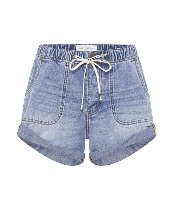 One Teaspoon Denim Shorts Women Blue Lilac Shabby Bandit Drawstring Boyfriend Short