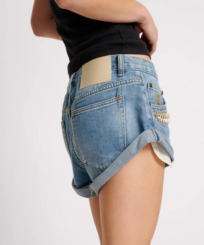 One Teaspoon Denim Shorts Women Blue Rapture Chained Bandits Low Waist Denim Short