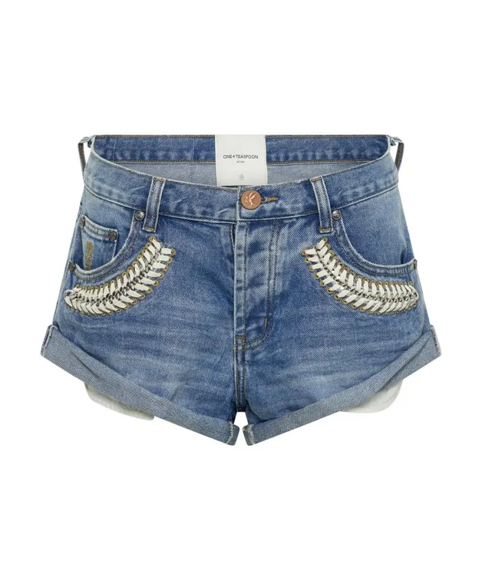 One Teaspoon Denim Shorts Women Blue Rapture Chained Bandits Low Waist Denim Short