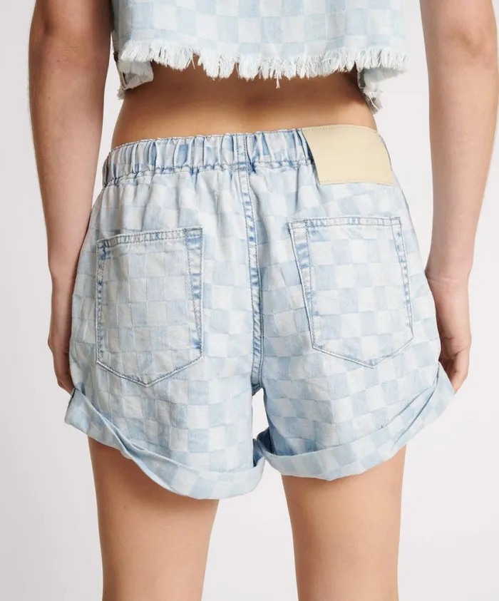 One Teaspoon Denim Shorts Women Checkmate Shabby Bandit Drawstring Boyfriend Short