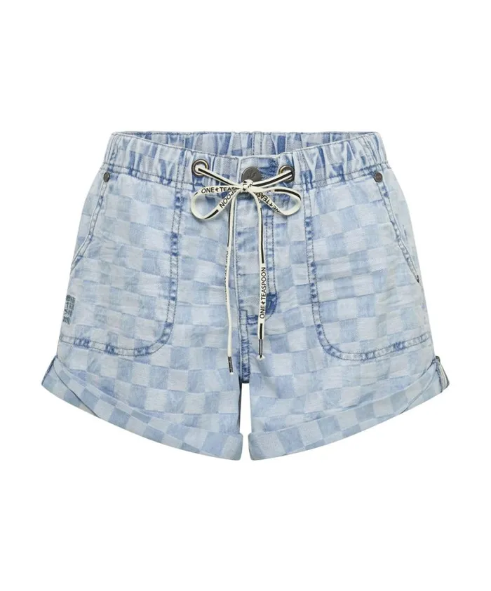 One Teaspoon Denim Shorts Women Checkmate Shabby Bandit Drawstring Boyfriend Short
