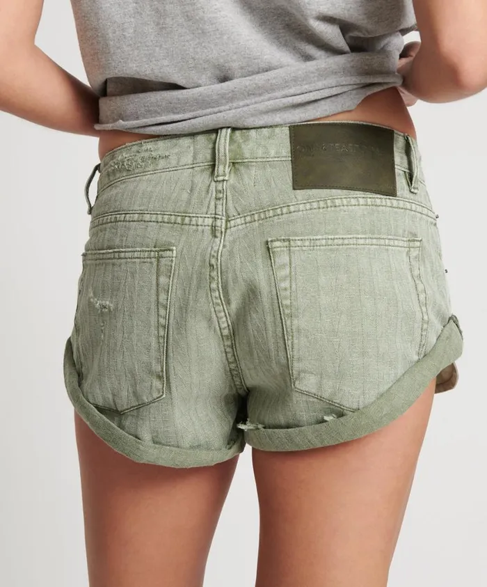One Teaspoon Denim Shorts Women Khaki Logo Jacquard Bandits Low Waist Denim Short