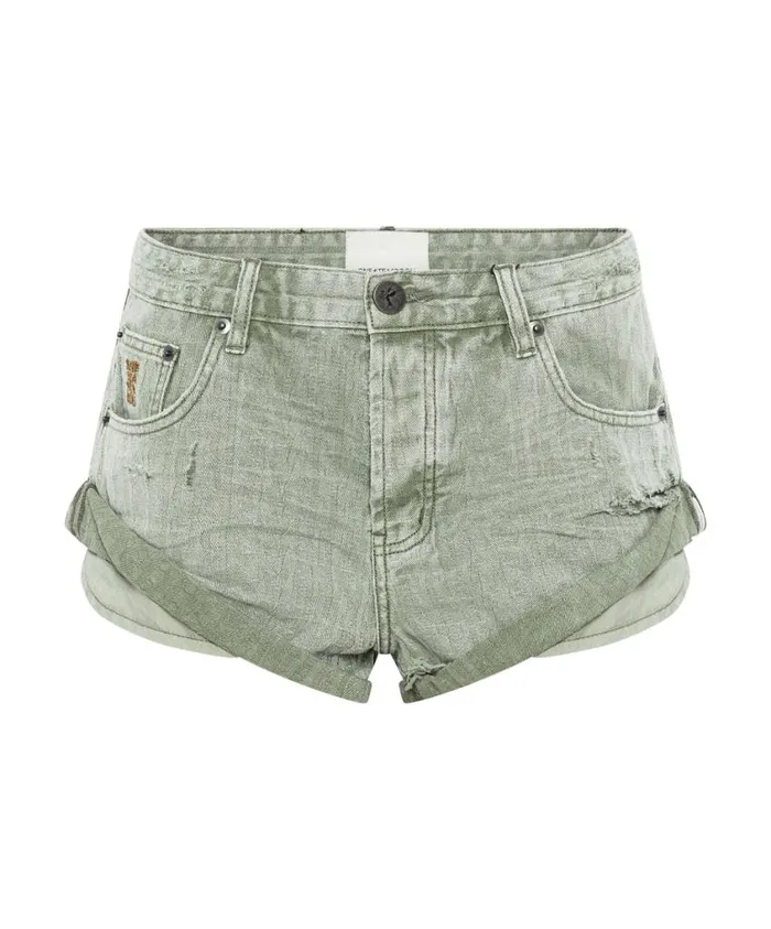 One Teaspoon Denim Shorts Women Khaki Logo Jacquard Bandits Low Waist Denim Short