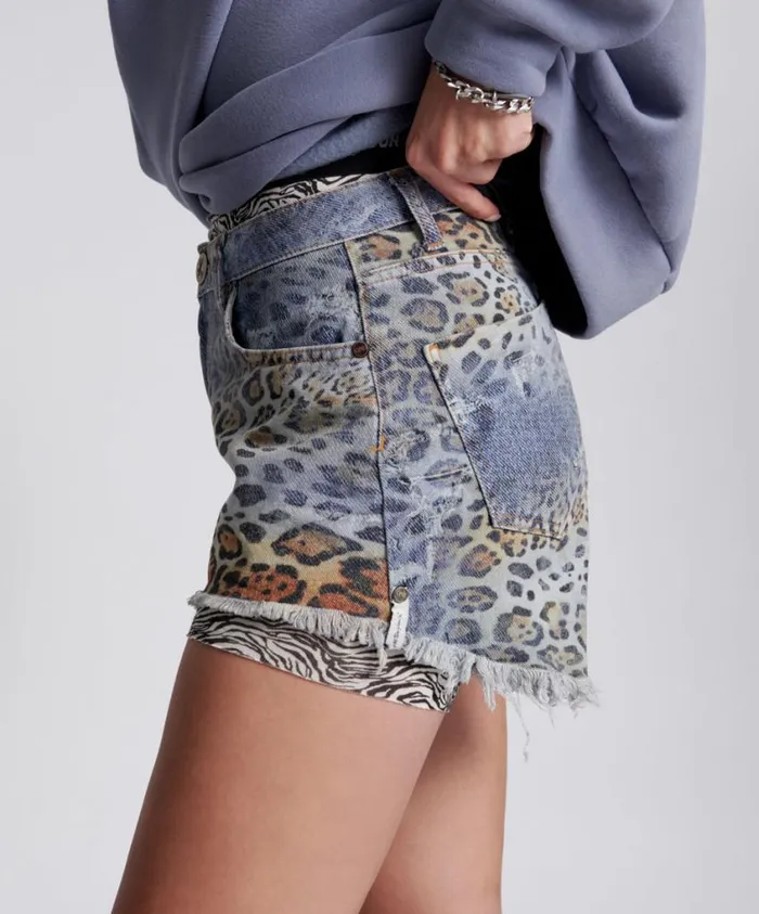 One Teaspoon Denim Shorts Women Leoparty Truckers Mid Waist Relaxed Short