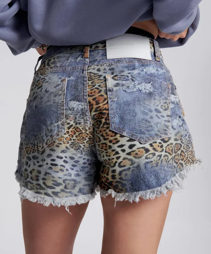 One Teaspoon Denim Shorts Women Leoparty Truckers Mid Waist Relaxed Short