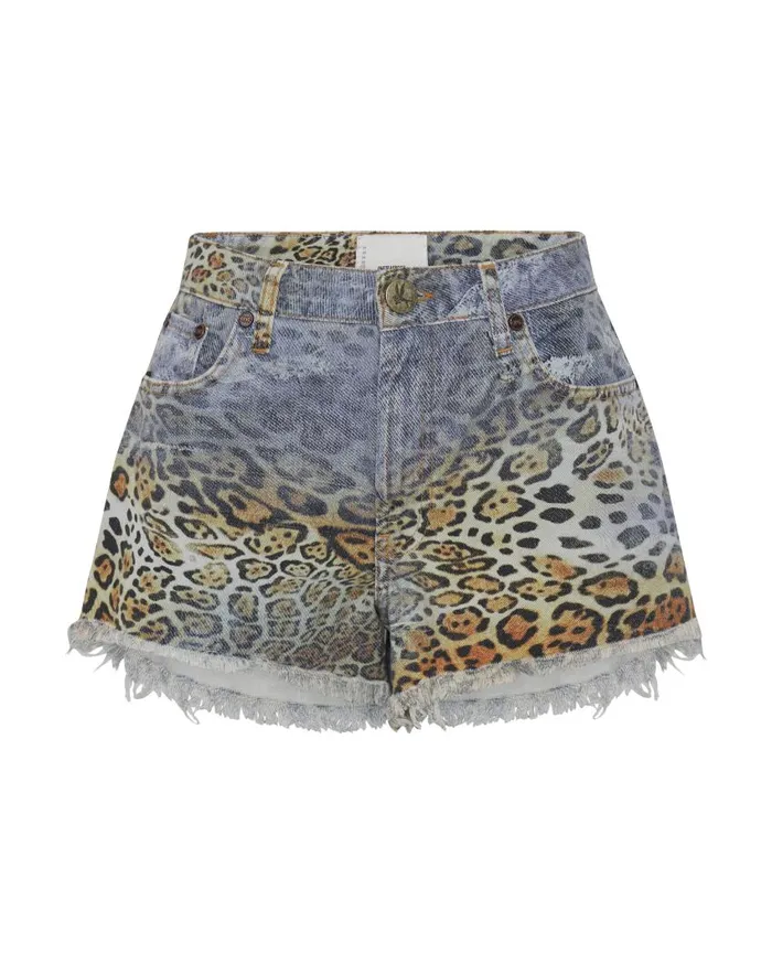 One Teaspoon Denim Shorts Women Leoparty Truckers Mid Waist Relaxed Short