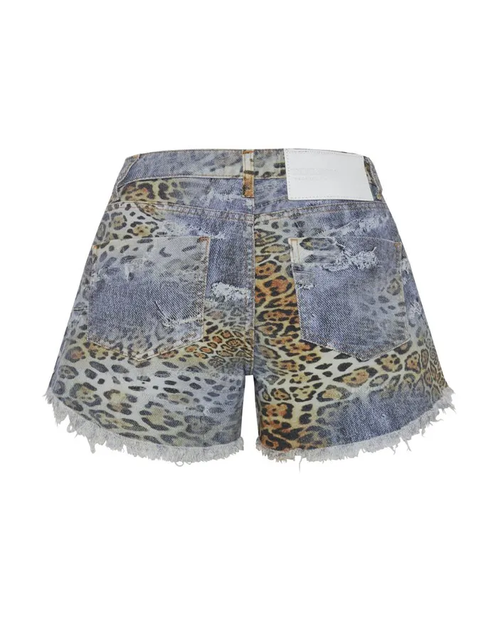 One Teaspoon Denim Shorts Women Leoparty Truckers Mid Waist Relaxed Short