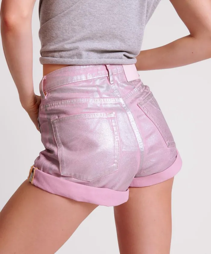 One Teaspoon Denim Shorts Women Pink Envy Foil Bandits High Waist Denim Short