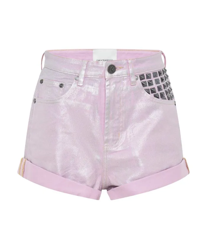 One Teaspoon Denim Shorts Women Pink Envy Foil Bandits High Waist Denim Short
