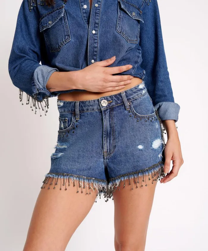 One Teaspoon Denim Shorts Women Razzle Dazzle Truckers Mid Waist Relaxed Short Blue