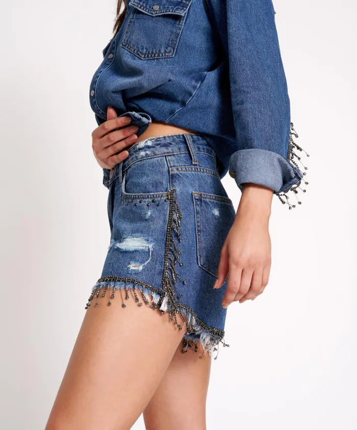 One Teaspoon Denim Shorts Women Razzle Dazzle Truckers Mid Waist Relaxed Short Blue