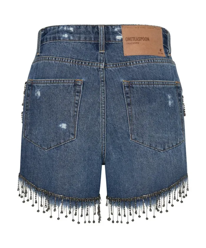 One Teaspoon Denim Shorts Women Razzle Dazzle Truckers Mid Waist Relaxed Short Blue
