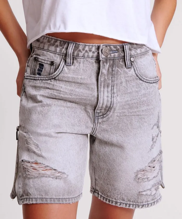 One Teaspoon Denim Shorts Women Slate Acid Zipped Up Jackson Mid Waist Wide Leg Shorts