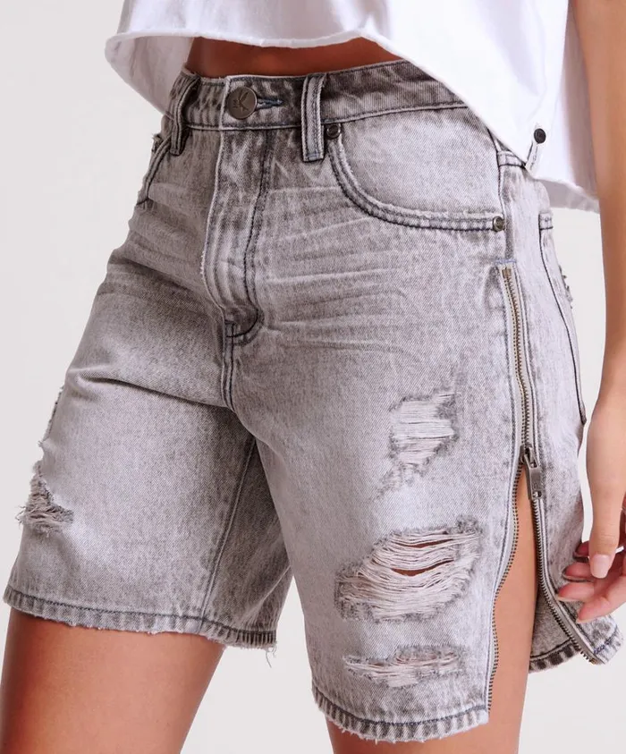 One Teaspoon Denim Shorts Women Slate Acid Zipped Up Jackson Mid Waist Wide Leg Shorts