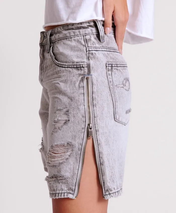 One Teaspoon Denim Shorts Women Slate Acid Zipped Up Jackson Mid Waist Wide Leg Shorts