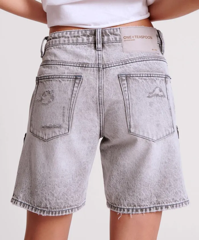 One Teaspoon Denim Shorts Women Slate Acid Zipped Up Jackson Mid Waist Wide Leg Shorts