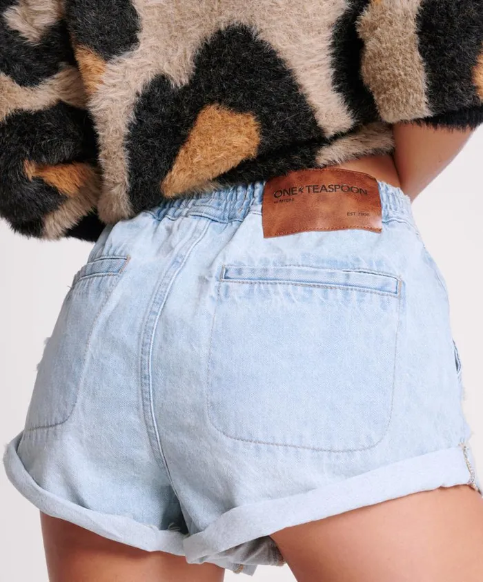 One Teaspoon Denim Shorts Women Sportster Blue Hunters Mid Length Relaxed Shorts