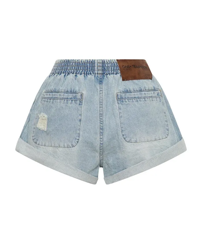 One Teaspoon Denim Shorts Women Sportster Blue Hunters Mid Length Relaxed Shorts