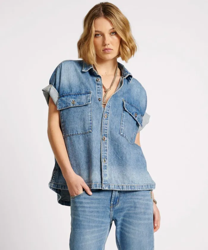 One Teaspoon Denim Tops Women Blue Rapture Cut Off Denim Shirt