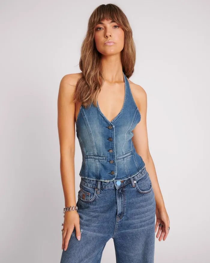 One Teaspoon Denim Tops Women Gritty Blue Halter Denim Top
