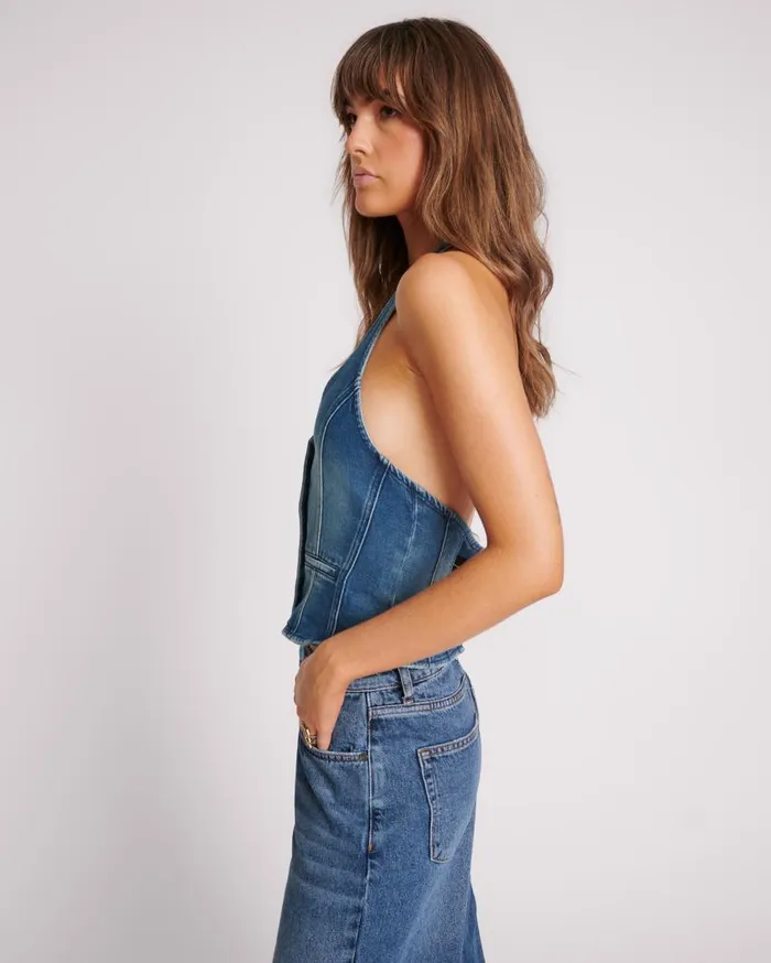 One Teaspoon Denim Tops Women Gritty Blue Halter Denim Top