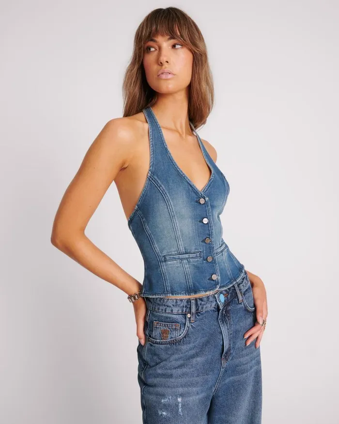 One Teaspoon Denim Tops Women Gritty Blue Halter Denim Top