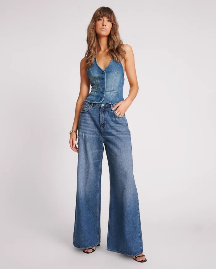 One Teaspoon Denim Tops Women Gritty Blue Halter Denim Top