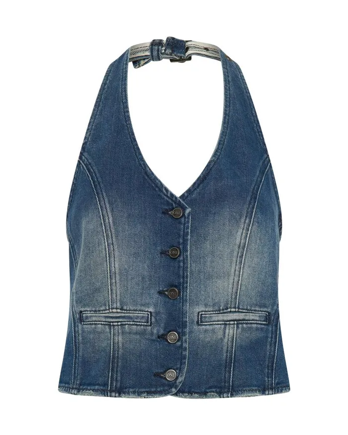 One Teaspoon Denim Tops Women Gritty Blue Halter Denim Top