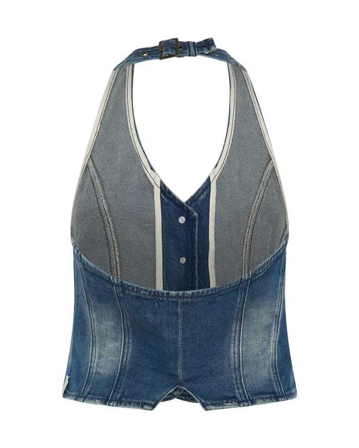 One Teaspoon Denim Tops Women Gritty Blue Halter Denim Top