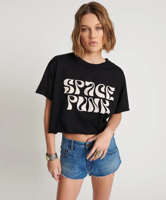 One Teaspoon Graphic Tees Women Black Cropped Space Punk Tee