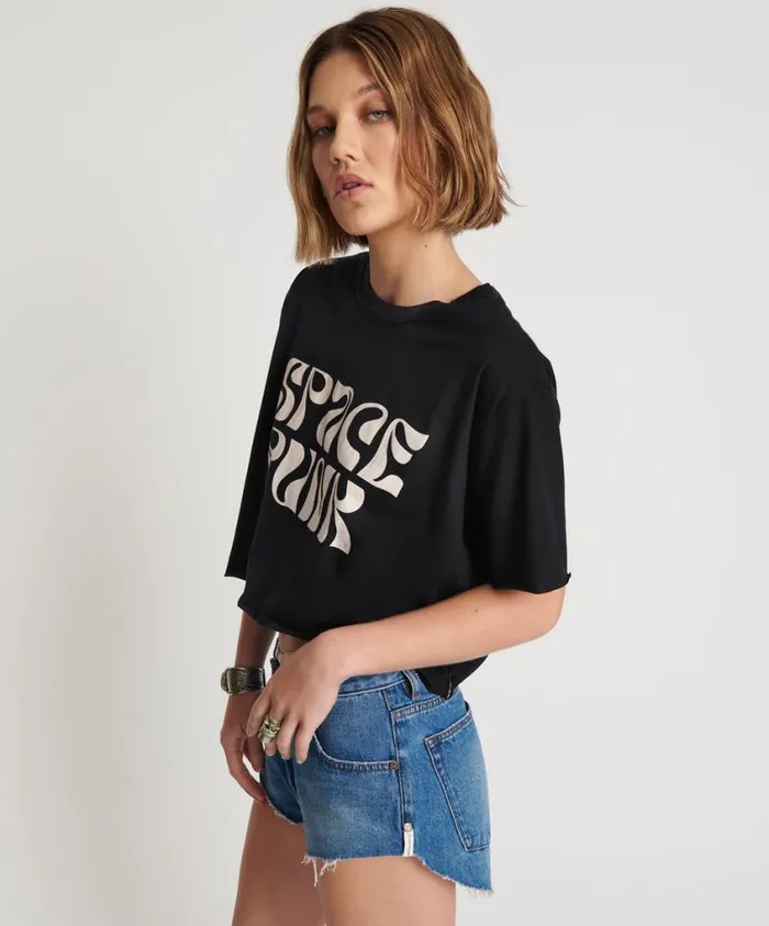 One Teaspoon Graphic Tees Women Black Cropped Space Punk Tee
