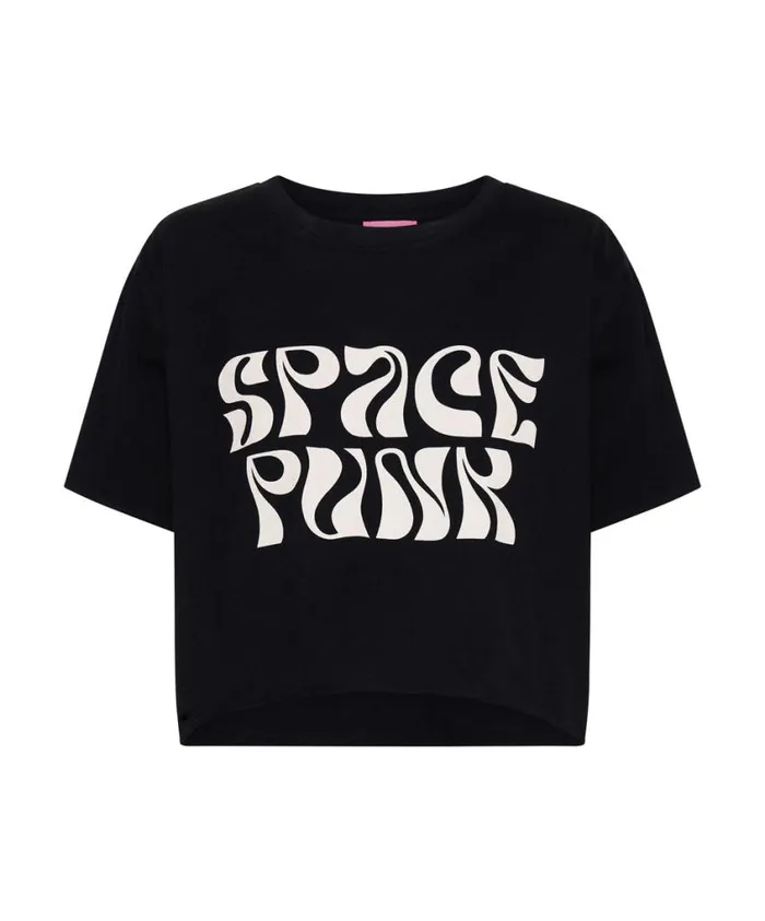 One Teaspoon Graphic Tees Women Black Cropped Space Punk Tee