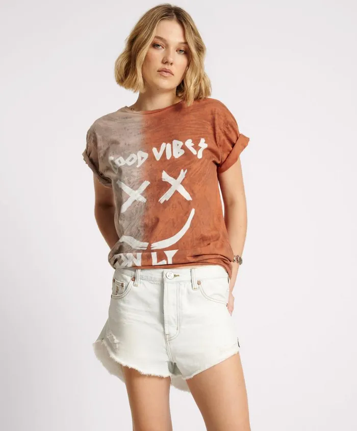 One Teaspoon Graphic Tees Women Good Vibes Only Oversized Hand Dyed Tee