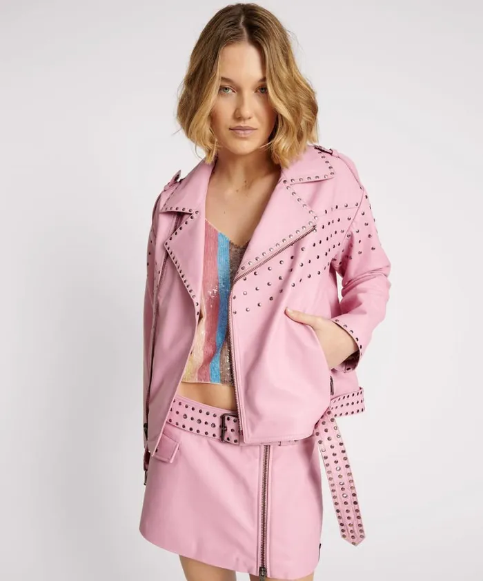 One Teaspoon Leather Jackets Women Rizzo Pink Studded Leather Moto Jacket