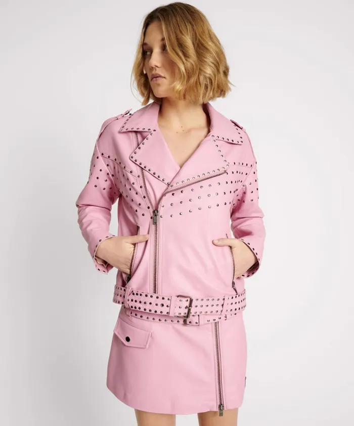One Teaspoon Leather Jackets Women Rizzo Pink Studded Leather Moto Jacket