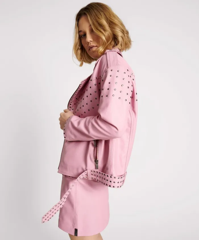 One Teaspoon Leather Jackets Women Rizzo Pink Studded Leather Moto Jacket