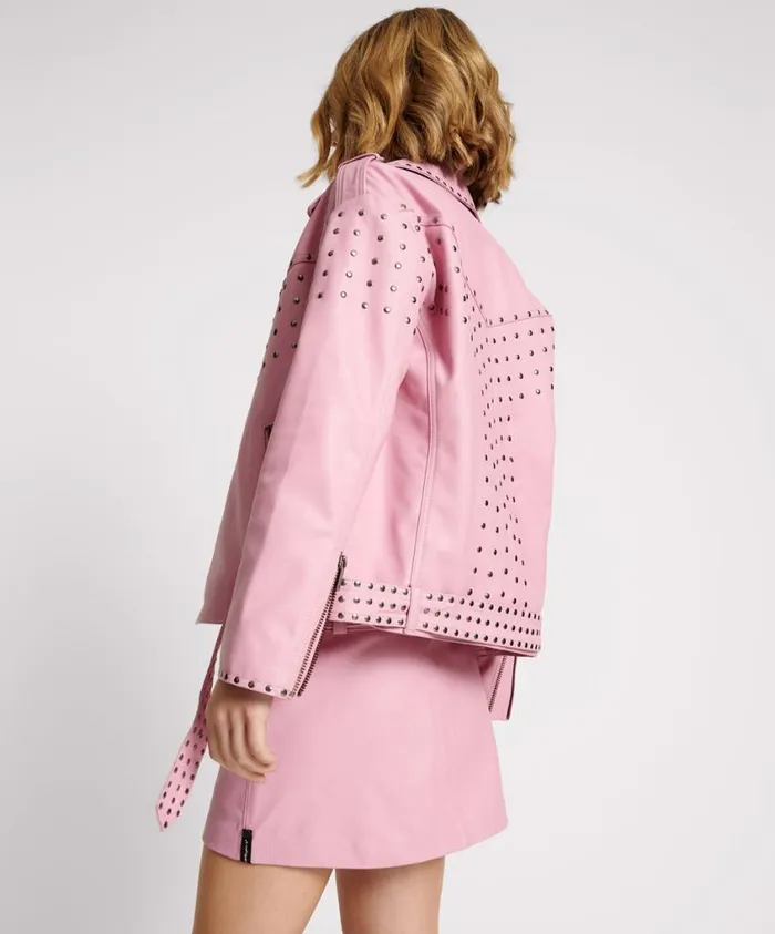 One Teaspoon Leather Jackets Women Rizzo Pink Studded Leather Moto Jacket