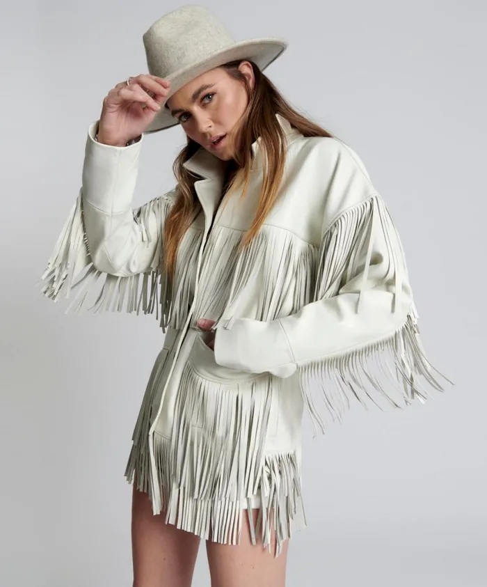 One Teaspoon Leather Jackets Women White Leather Fringed Jacket