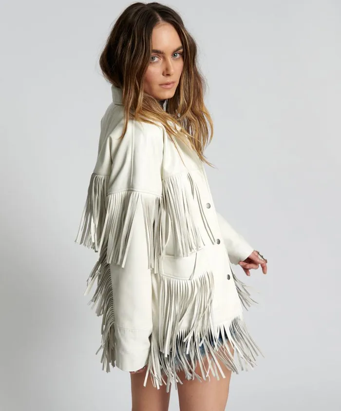 One Teaspoon Leather Jackets Women White Leather Fringed Jacket