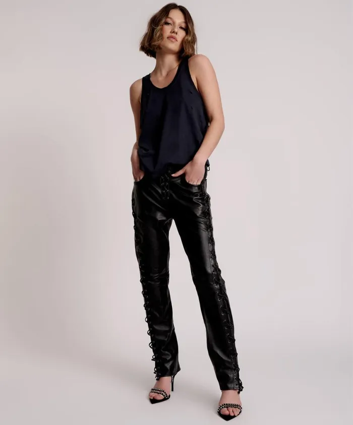 One Teaspoon Leather Women Blacklight Leather Lace Up Pants