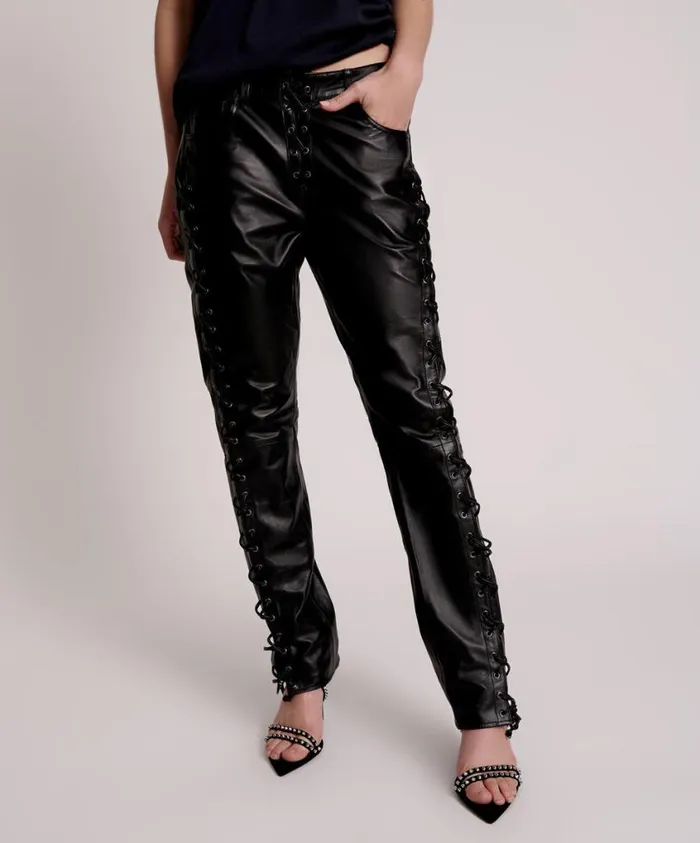 One Teaspoon Leather Women Blacklight Leather Lace Up Pants