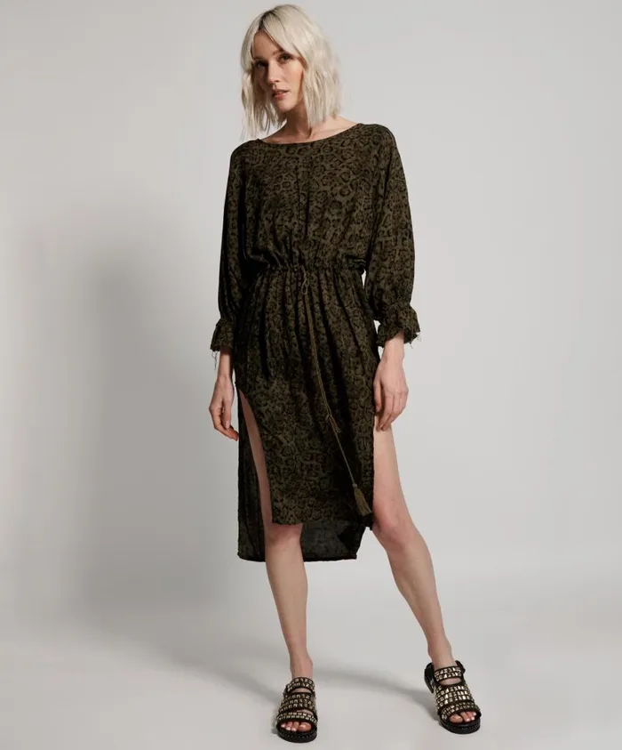 One Teaspoon Midi and Maxi Dresses Women Khaki Leopard Tie Dye Crepe Society Club Dress