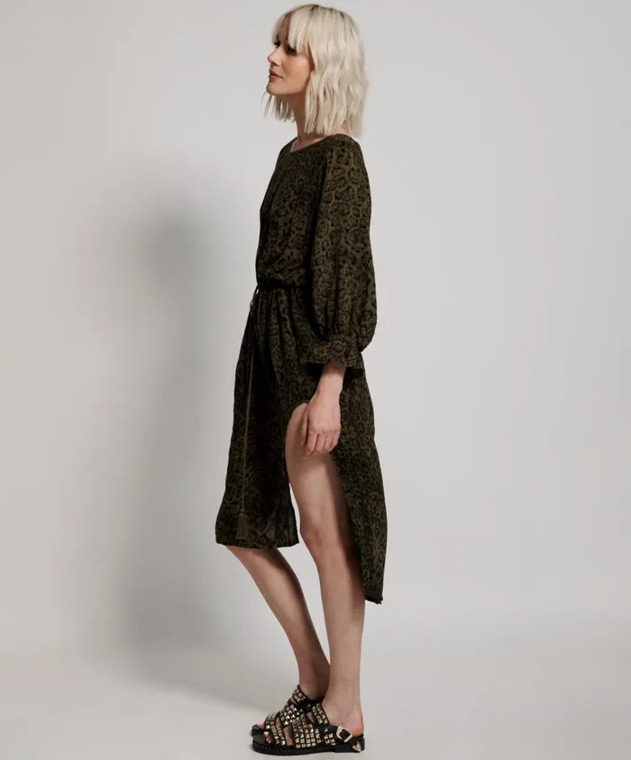 One Teaspoon Midi and Maxi Dresses Women Khaki Leopard Tie Dye Crepe Society Club Dress
