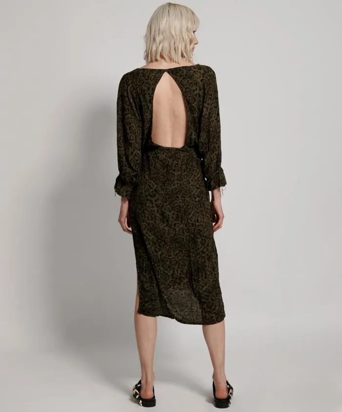 One Teaspoon Midi and Maxi Dresses Women Khaki Leopard Tie Dye Crepe Society Club Dress